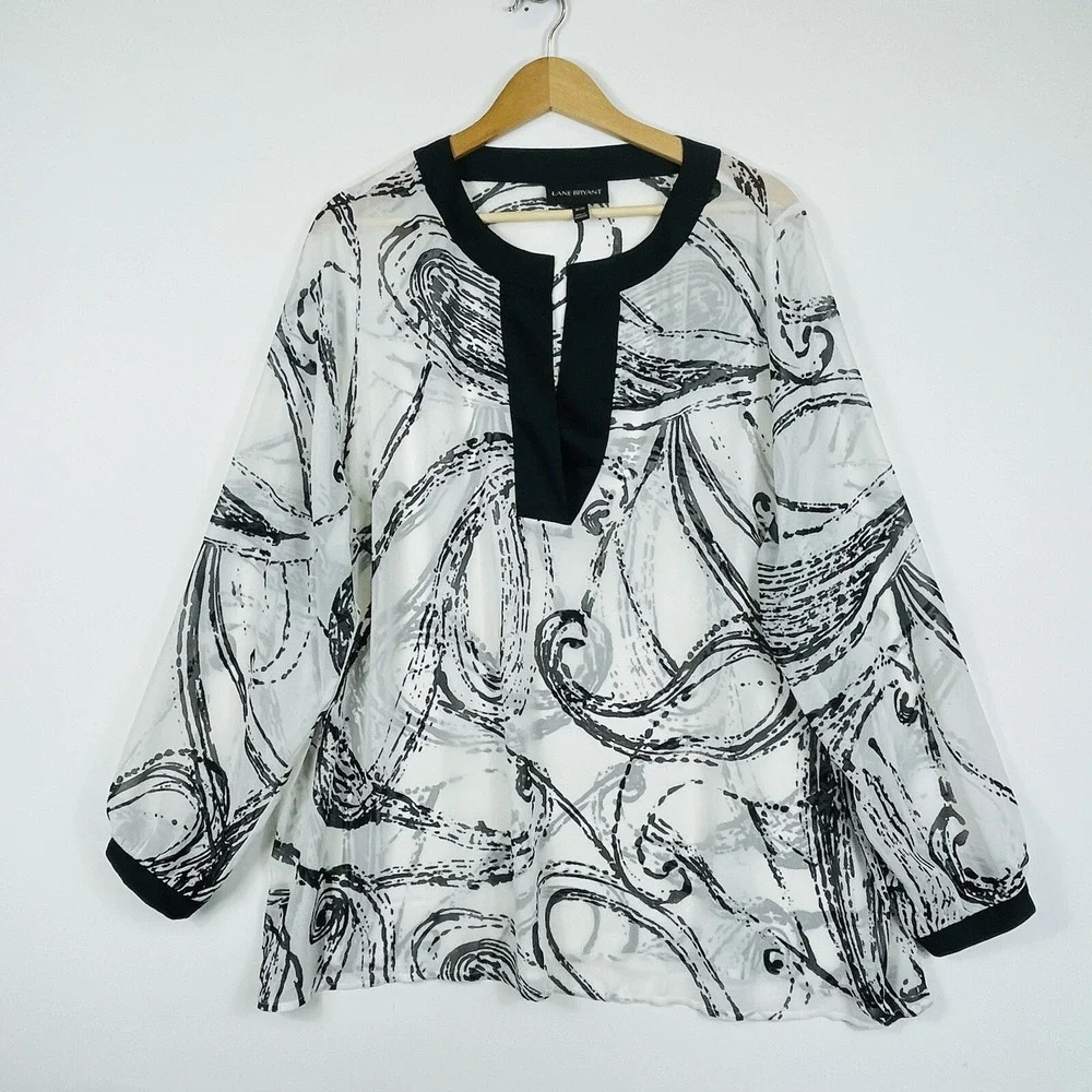 Lane Bryant Women 18 20 Shirt White Black Swirl‎ Sheer Long Sleeve Boho Flowy